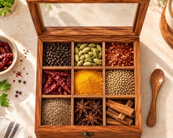 Wooden Spice Box with Lid, Sheesham Wood Masala Box, Spice Organizer, Indian Spice Storage Box, Kitchen Organizer, Housewarming Gift