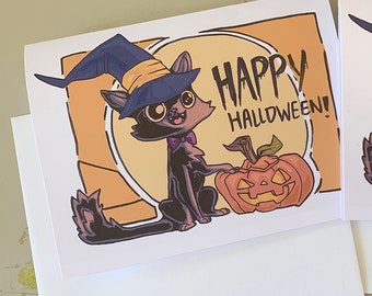 Cat Witch Happy Halloween Pumpkin Card 4.25 x 5.5