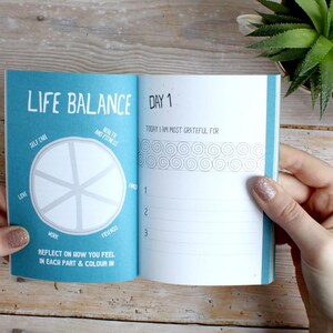 May include: A blue and white journal with the title "Life Balance" and a wheel chart for tracking different areas of life. The right page has the title "Day 1" and a section for writing about what you are grateful for.