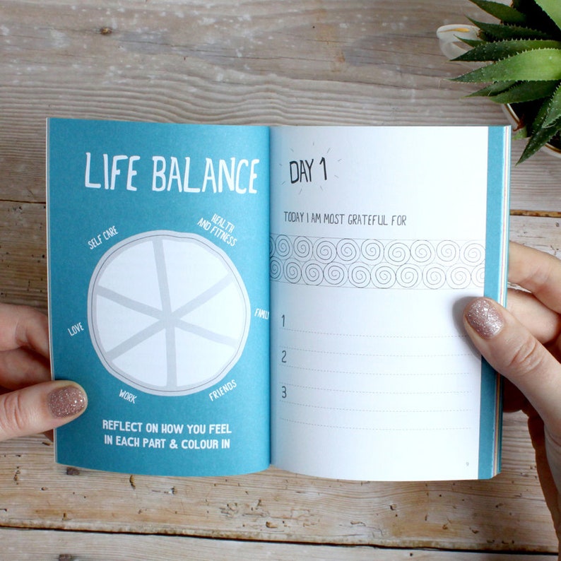 May include: A blue and white journal with the title "Life Balance" and a pie chart divided into six sections labelled "Love", "Work", "Friends", "Family", "Self Care", and "Health and Fitness". The right page has the title "Day 1" and the text "Today I am most grateful for".