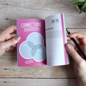 May include: An open pink and blue journal with the words "Connections" and "Day 15" on the cover. The journal has a section for writing about connections and a section for writing about what you are grateful for.