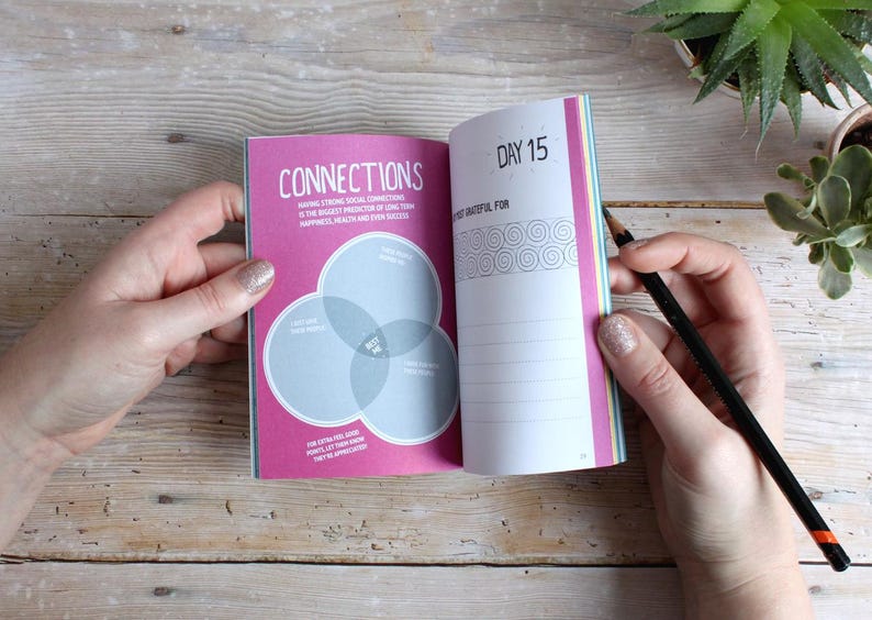 May include: An open pink and blue journal with the words "Connections" and "Day 15" on the cover. The journal has a section for writing about connections and a section for writing about what you are grateful for.