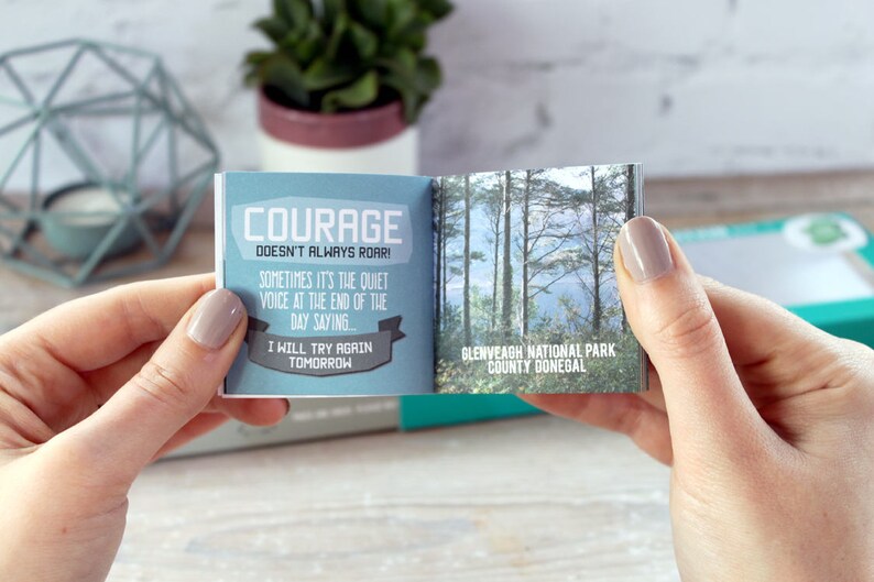 May include: A small blue and white book with the text "COURAGE DOESN'T ALWAYS ROAR!" and "SOMETIMES IT'S THE QUIET VOICE AT THE END OF THE DAY SAYING... I WILL TRY AGAIN TOMORROW". The back of the book shows a photo of a forest with the text "GLENVEAGH NATIONAL PARK COUNTY DONEGAL".