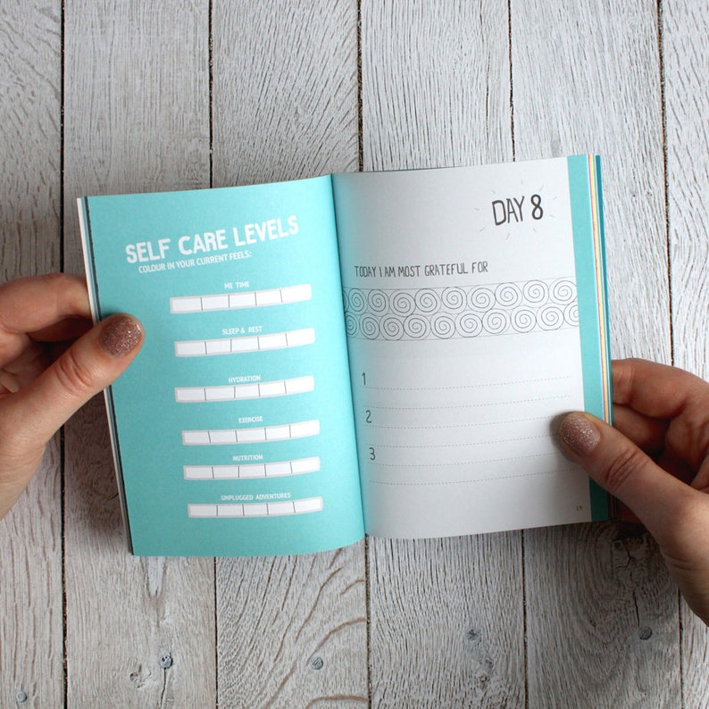 May include: An open journal with a blue cover and white pages. The left page has the title "Self Care Levels" and a chart to colour in. The right page has the title "Day 8" and the text "Today I am most grateful for".