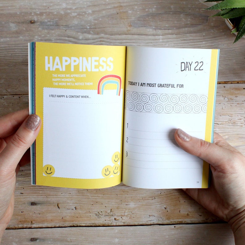 May include: An open journal with a yellow cover and the words "Happiness" and "Day 22" on the pages. The left page has a rainbow and smiley faces. The right page has a section for writing about what you are grateful for.
