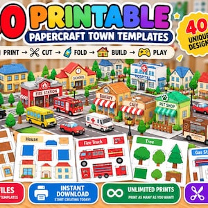 Puede incluir: Una colección de 40 plantillas de papel imprimibles para crear una ciudad con edificios coloridos como una comisaría, estación de bomberos, panadería y hospital. El set incluye hojas planas con diseños recortables de casas, vehículos y árboles.