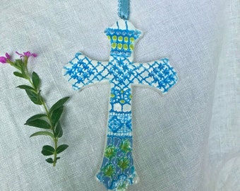 Turquoise Ceramic and Lace Cross, Vintage Lace Cross, Christian Cross, Religious Home Decor, Baptism Cross, Spirituality, Easter Decor