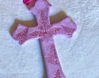 Ceramic Fern Cross, Natural Remembrance Cross, Spiritual Decor, Childrens Cross, Pink Cross, Crackle Glaze Cross, plant imprint fern cross