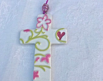 Ceramic Lace Pink Baptism Cross, Lace Communion Cross, Nursery Children’s Cross,  Remembrance Cross, Religious Christian Home Decor