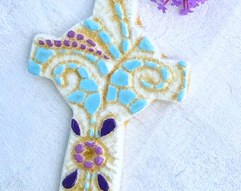 Ceramic and Lace Cross,  Religious Wall Decor, Remembrance Cross, Baptismal or Communion Cross, Childrens or Nursery Cross,