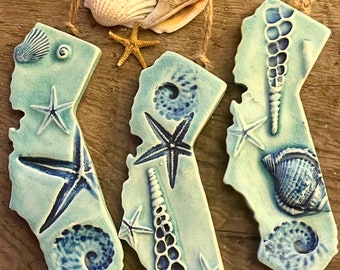 California Coast Ornament,  Seashell Ornaments, California state Christmas Ornament, Ocean Inspired Beach Decor, Ceramic and pottery
