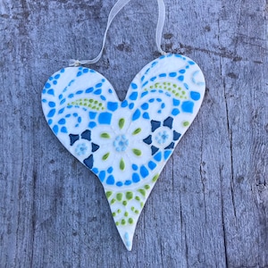 Ceramic and Lace Wall Decor Heart, Valentines Day gift of Love, Feeling Blue Heart,  Pottery Anniversary, Heart Wall Decoration