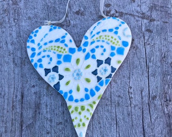 Ceramic and Lace Heart, Mothers  Day gift, Feeling Blue love Heart, Wall Decor Heart, Pottery anniversary, Gift of the Heart, gift of love