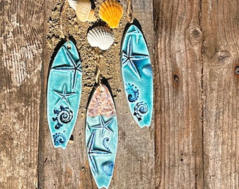 Ceramic  Surfboard Ornament, Seashell Beach Ornament,  coastal living home decor, Surfer tree ornament , ocean sealife tree ornament