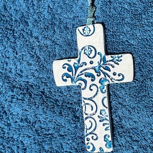 Ceramic Remembrance Cross, Christian Home Decor, Green Talavera Style Cross, Home Altar Cross, Folk Art Wall Decor Cross