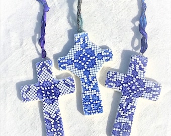 Ceramic Wall Decor Cross, Blue and White Lace Cross, Ceramic Blue Cross, Religious Cross Wall Decor, purple cross