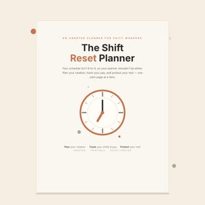 Peut inclure: Un agenda non daté pour travailleurs postés intitulé The Shift Reset Planner. La couverture présente une illustration d'horloge, du texte sur la planification des rotations, le suivi de la paie et le repos, avec les mots Plan, Track, Protect, Undated, Printable, Reuse Forever.