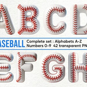 Könnte beinhalten: Ein digitales Grafikset mit den Buchstaben A bis H, gestaltet mit der weißen Ledertextur und den roten Nähten eines Baseballs. Der Text lautet BASEBALL Complete set : Alphabets A-Z Numbers 0-9 42 transparent PNG files. COMMERCIAL USE.