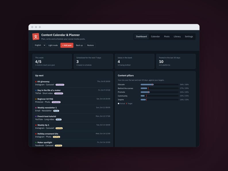 Dark Mode Content Calendar full app view