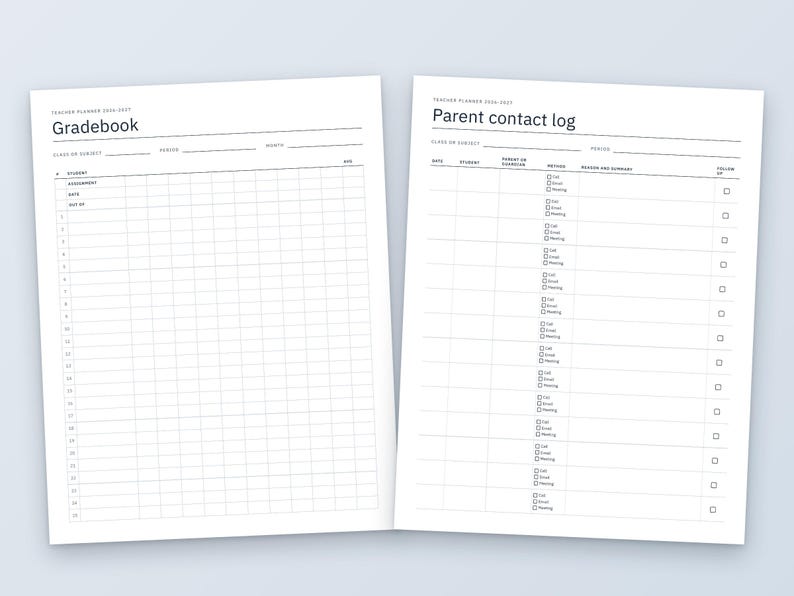 Teacher Planner 2026-2027 Printable, Lesson Plan, Gradebook, Class Roster, Seating Chart, Substitute Info, Monthly Calendars, Letter and A4 image 3