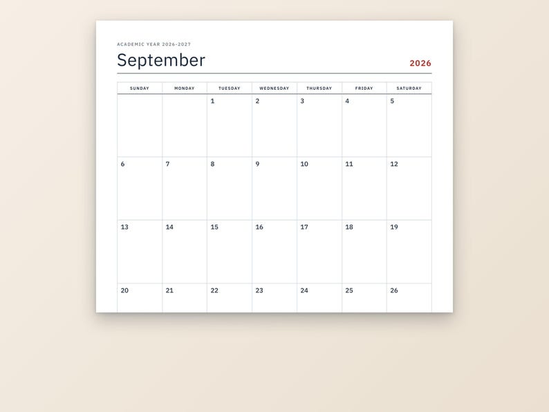 Academische kalender 2026-2027 (printbaar), maandkalender augustus tot en met juli, semesterplanner, opdrachtenplanner, examenplanner, brief- en A4-formaat afbeelding 2