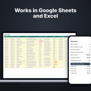 Maintenance log spreadsheet on a laptop and phone, works in Google Sheets and Excel