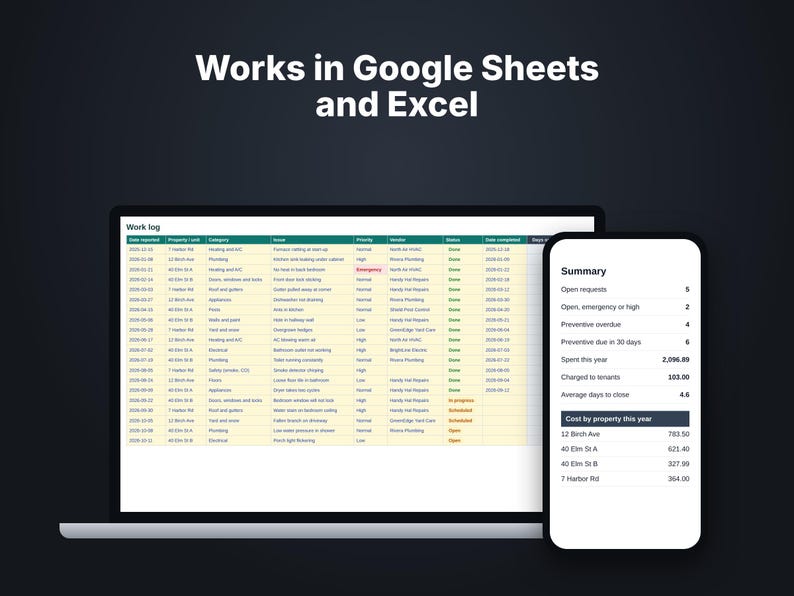 Maintenance log spreadsheet on a laptop and phone, works in Google Sheets and Excel
