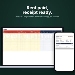 Rent receipt spreadsheet on a laptop and phone, works in Google Sheets and Excel