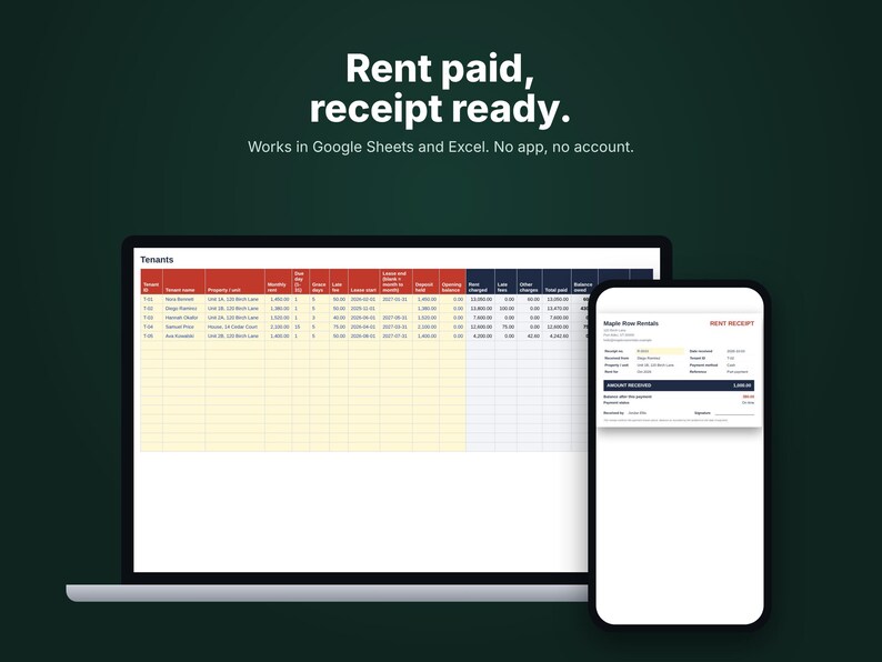 Rent receipt spreadsheet on a laptop and phone, works in Google Sheets and Excel