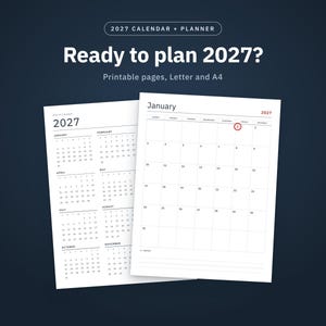Calendrier 2027 à imprimer et agenda 2027, pages mensuelles, hebdomadaires et journalières, suivi des habitudes, objectifs, formats Lettre et A4, anglais et espagnol image 1