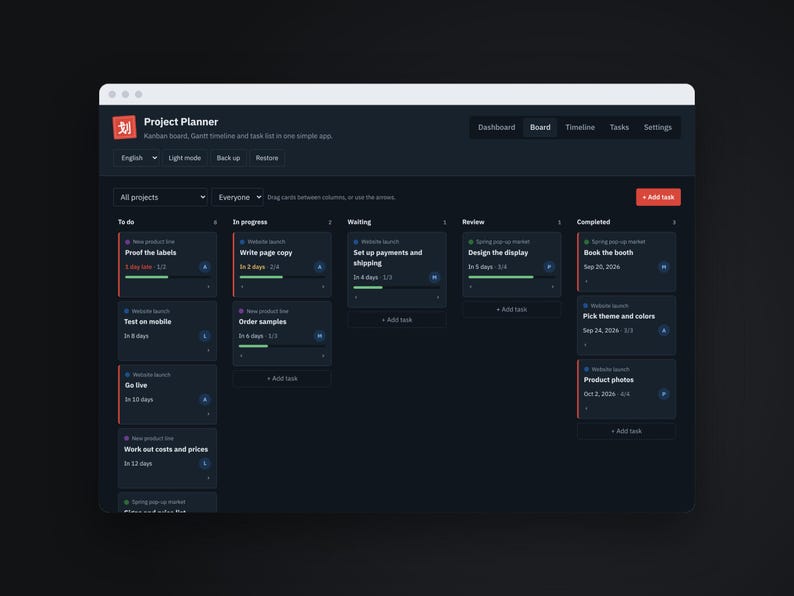 Dark Mode Project Planner full app view