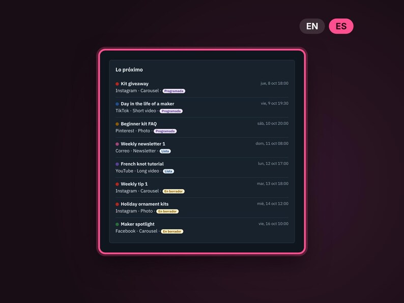 Dark Mode Content Calendar in Spanish