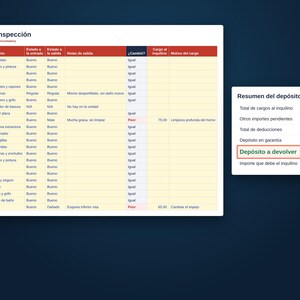 Spanish version, lista de inspección de entrada y salida with deposit summary