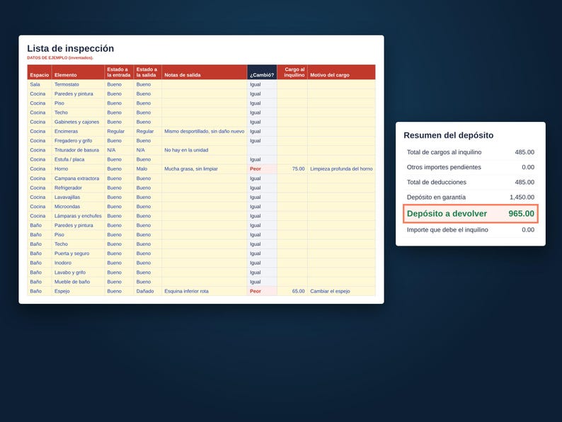 Spanish version, lista de inspección de entrada y salida with deposit summary