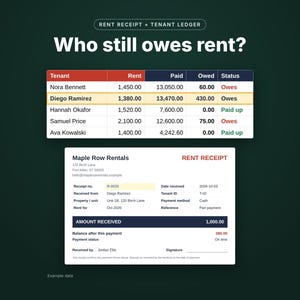 Rent receipt template and tenant ledger showing who still owes rent, example data