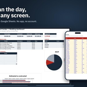 Budgetoverzicht voor een bruiloft in Google Sheets, bruiloftplanner met leverancierslijst, gastenlijst (RSVP), betalingsschema en dashboard, downloaden afbeelding 5