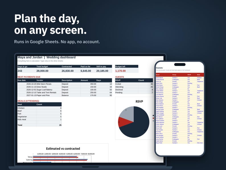 Budgetoverzicht voor een bruiloft in Google Sheets, bruiloftplanner met leverancierslijst, gastenlijst (RSVP), betalingsschema en dashboard, downloaden afbeelding 5