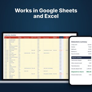 Inspection checklist spreadsheet on a laptop and phone, works in Google Sheets and Excel