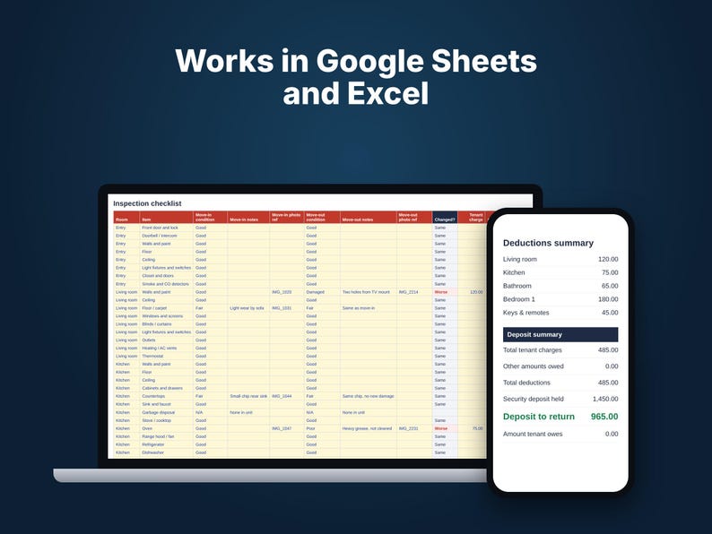 Inspection checklist spreadsheet on a laptop and phone, works in Google Sheets and Excel