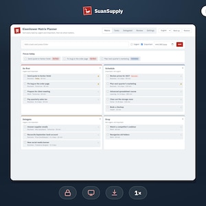 Op de afbeelding: Een digitale Eisenhower Matrix planner interface genaamd SuanSupply met vier kwadranten genaamd Do first, Schedule, Delegate en Drop. Het witte dashboard toont takenlijsten met selectievakjes, prioriteitslabels en tijdsinschattingen op een donkere achtergrond.
