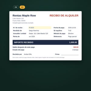 Spanish version of the rent receipt, recibo de alquiler