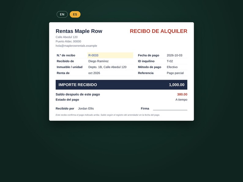 Spanish version of the rent receipt, recibo de alquiler
