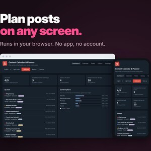Dark Mode Content Calendar on laptop and phone, runs in your browser
