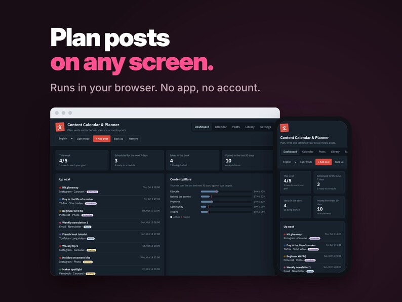 Dark Mode Content Calendar on laptop and phone, runs in your browser