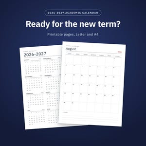Academische kalender 2026-2027 (printbaar), maandkalender augustus tot en met juli, semesterplanner, opdrachtenplanner, examenplanner, brief- en A4-formaat afbeelding 1