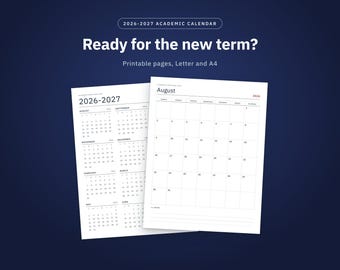 Academic Calendar 2026-2027 Printable, Monthly Calendar August to July, Semester Planner, Assignment Planner, Exam Tracker, Letter and A4