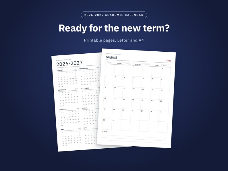 Academische kalender 2026-2027 (printbaar), maandkalender augustus tot en met juli, semesterplanner, opdrachtenplanner, examenplanner, brief- en A4-formaat afbeelding 1
