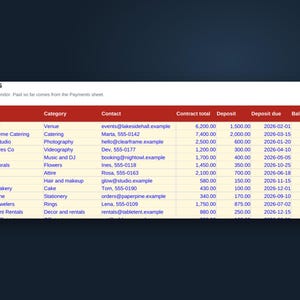 Budgetoverzicht voor een bruiloft in Google Sheets, bruiloftplanner met leverancierslijst, gastenlijst (RSVP), betalingsschema en dashboard, downloaden afbeelding 4