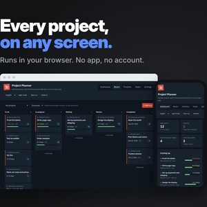 Dark Mode Project Planner on laptop and phone, runs in your browser