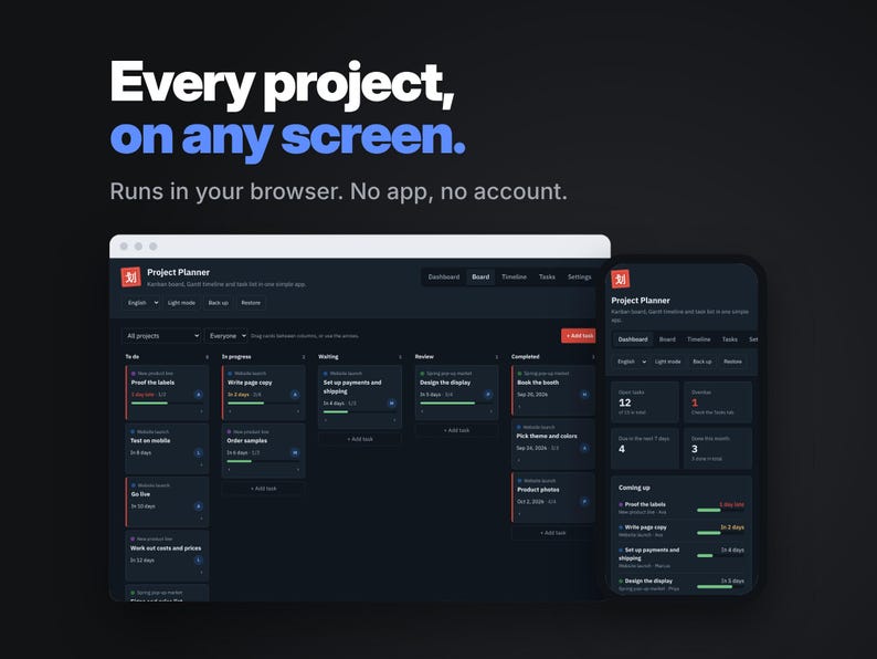 Dark Mode Project Planner on laptop and phone, runs in your browser